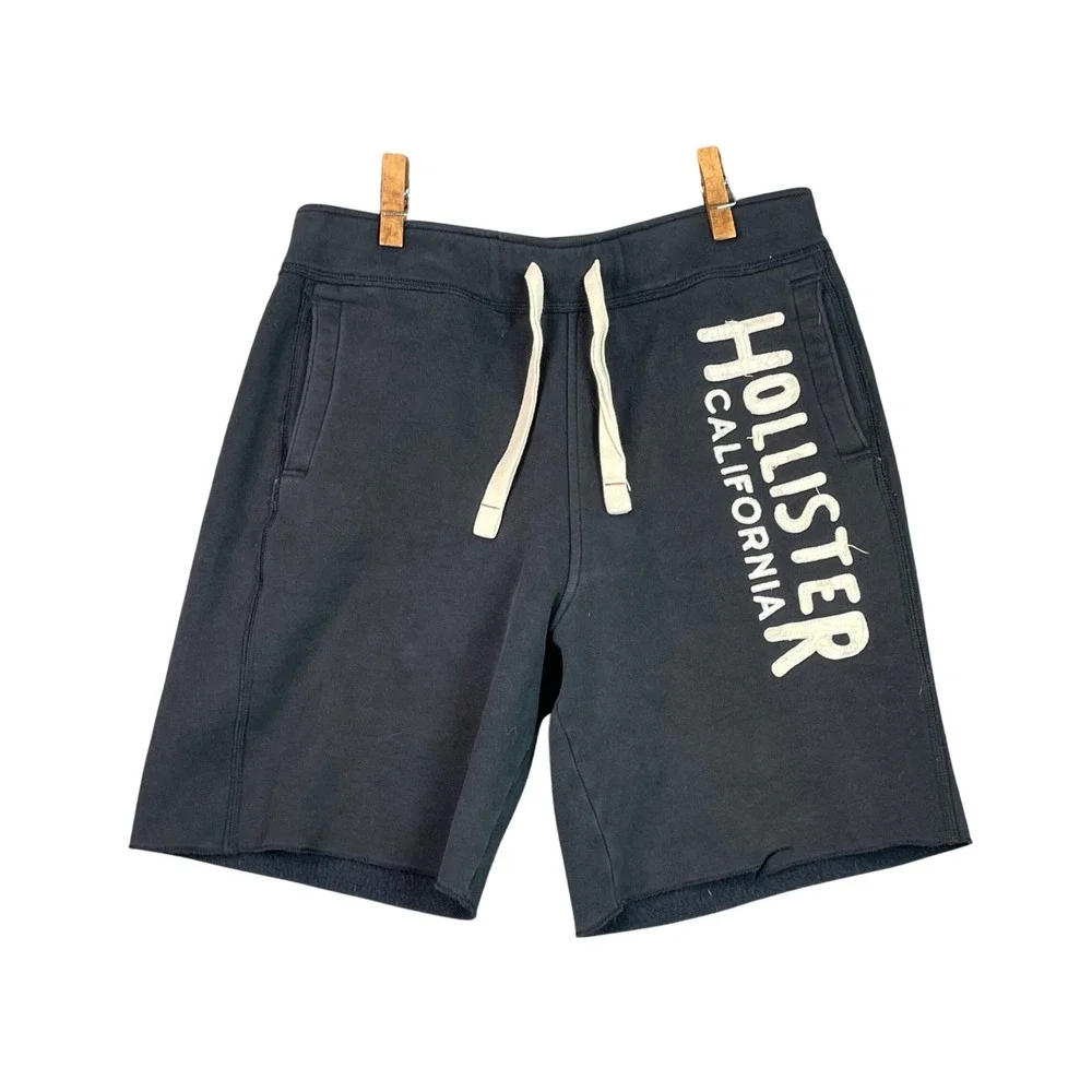 Hollister Sweat Shorts Mens M Navy Blue Logo Graphic Fleece Raw Hem Casual